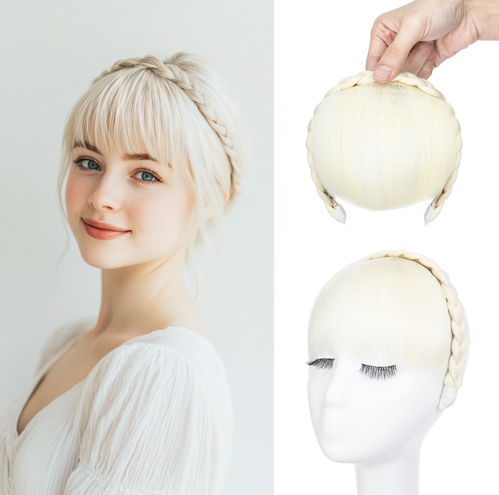 S-noilite Headband with Bangs, Front Hair Bangs Wigs Headband, Synthetic Braided Headband Wig with Bangs Fringe Hair Extensions Hairpiece for Women Girls - Bleach Blonde — image 1