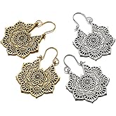 2 Pairs Tribe Flower Drop Earrings for Women Ethnic Style Round Carved Dangle Earrings