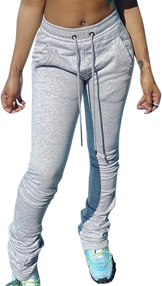 Sedrinuo Women Stacked Pants Drawstring Waist Leggings Ruched Casual