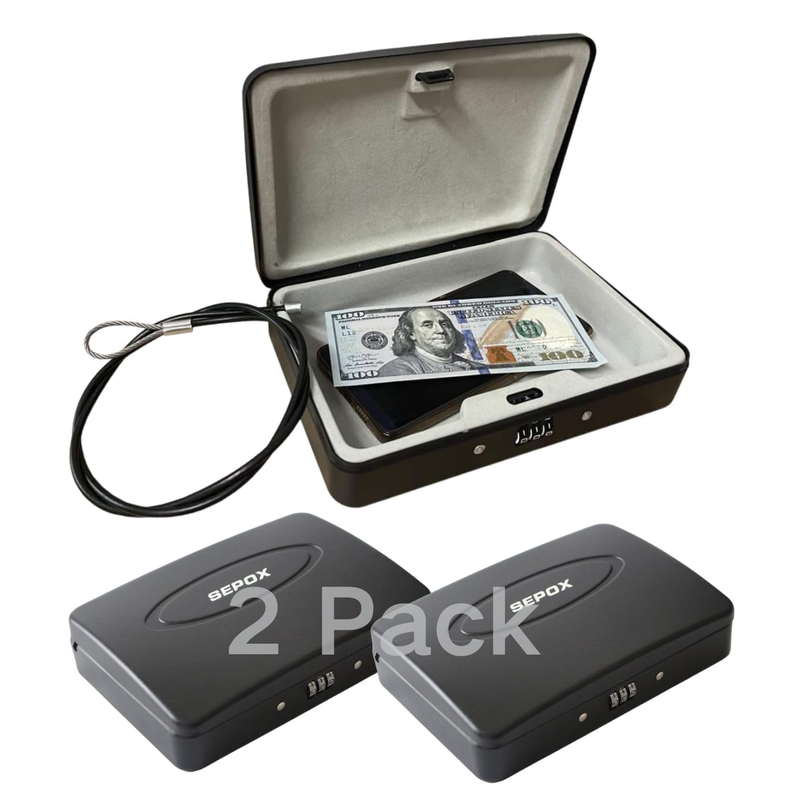Photo 1 of SEPOX® 2Pcs Water/Fire-Resistant Portable Security Case Lock Box Steel, Personal Travel Safe Storage Cabinet for Small Item, 3-Ft Cable, Ressetable Combination Lock for Dorm, Car, Sports, Office