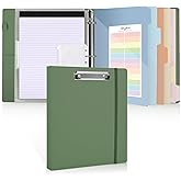 SKYDUE Clipboard Binder with Refillable Notepad, PU Clipboard Folder Includes 5 Dividers with 10 Pockets, Labels, 3 Ring Binder 1 Inch for School Office (Fit Letter Sized Paper),Olivegreen