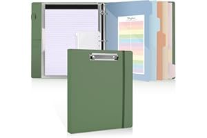 SKYDUE Clipboard Binder with Refillable Notepad, PU Clipboard Folder Includes 5 Dividers with 10 Pockets, Labels, 3 Ring Binder 1 Inch for School Office (Fit Letter Sized Paper),Olivegreen