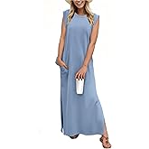 GRECERELLE 2026 Women Year-Round Casual Round Neck Loose Split Wrinkle-Free Long Maxi Vacation Dress with Pockets (XXS-4XL)