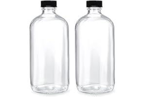 MEM WORLDSHOP (2 Pack) - 32 oz Clear Glass Boston Round Bottles with Black 33-400 Airtight Phenolic Polycone Caps - Perfect Glass Containers for Secondary Fermentation, Storing condiment, Homemade Essential Oils