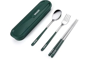 INKULEER Travel cutlery set, 18/8 stainless steel cutlery, Reusable utensils set with case, Portable Silverware Lunch Box for Camping and Office(Green)