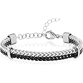 CARITATE Cuban Chain Bracelet for Men - Stainless Steel Double Bracelets for Mens Cuban Link Minimalist Layered Bracelet Mens Stacked Wrap Chains Bracelets Metal Rope Jewelry Silver & Black