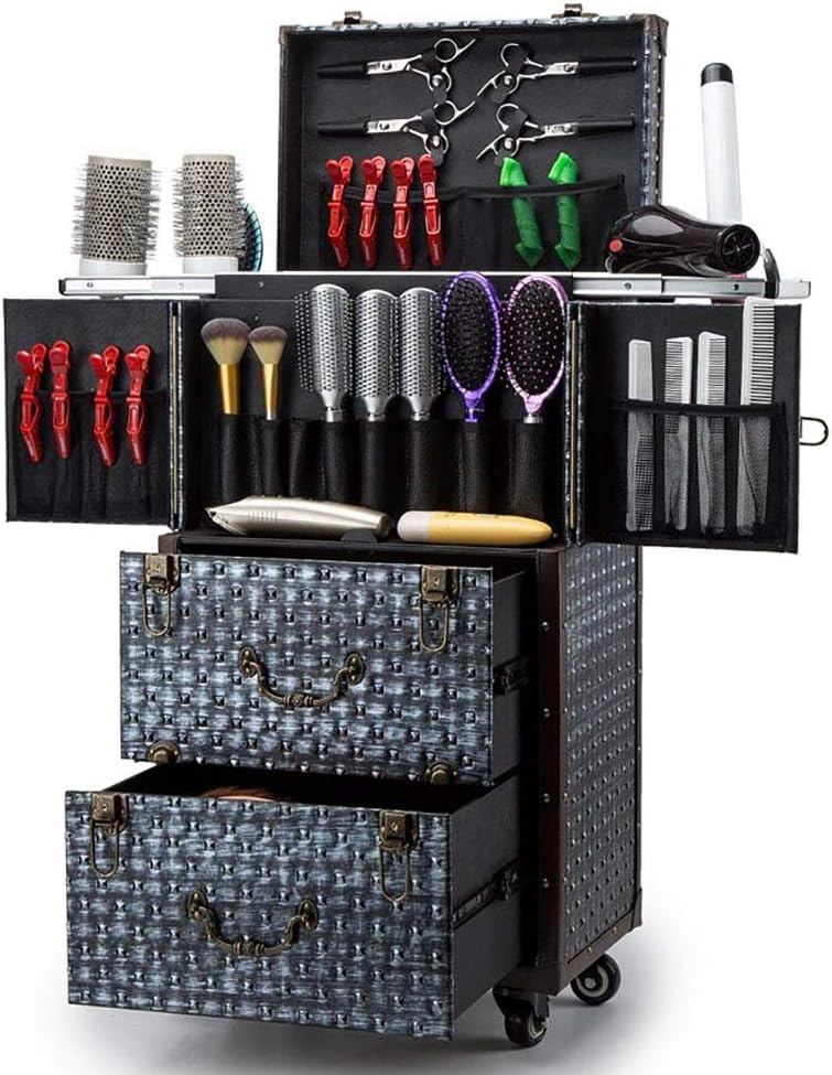 ASCASE Aluminum Rolling Makeup Train Case Hairdressing Trolley Salon Barber Cosmetic Luggage Box Sliding Drawers,Brush Hair Dryer Holder(14.74×11.03×29.92 in)