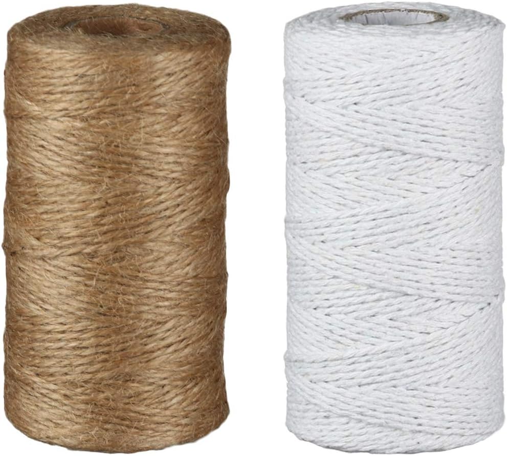 thanksky 656Feet Natural Jute Twine String Rolls for Gift Wrapping, 2mm 3Ply Christmas Twine String for Crafts,Gardening and Wedding Decor (656Ft-Brown+White)