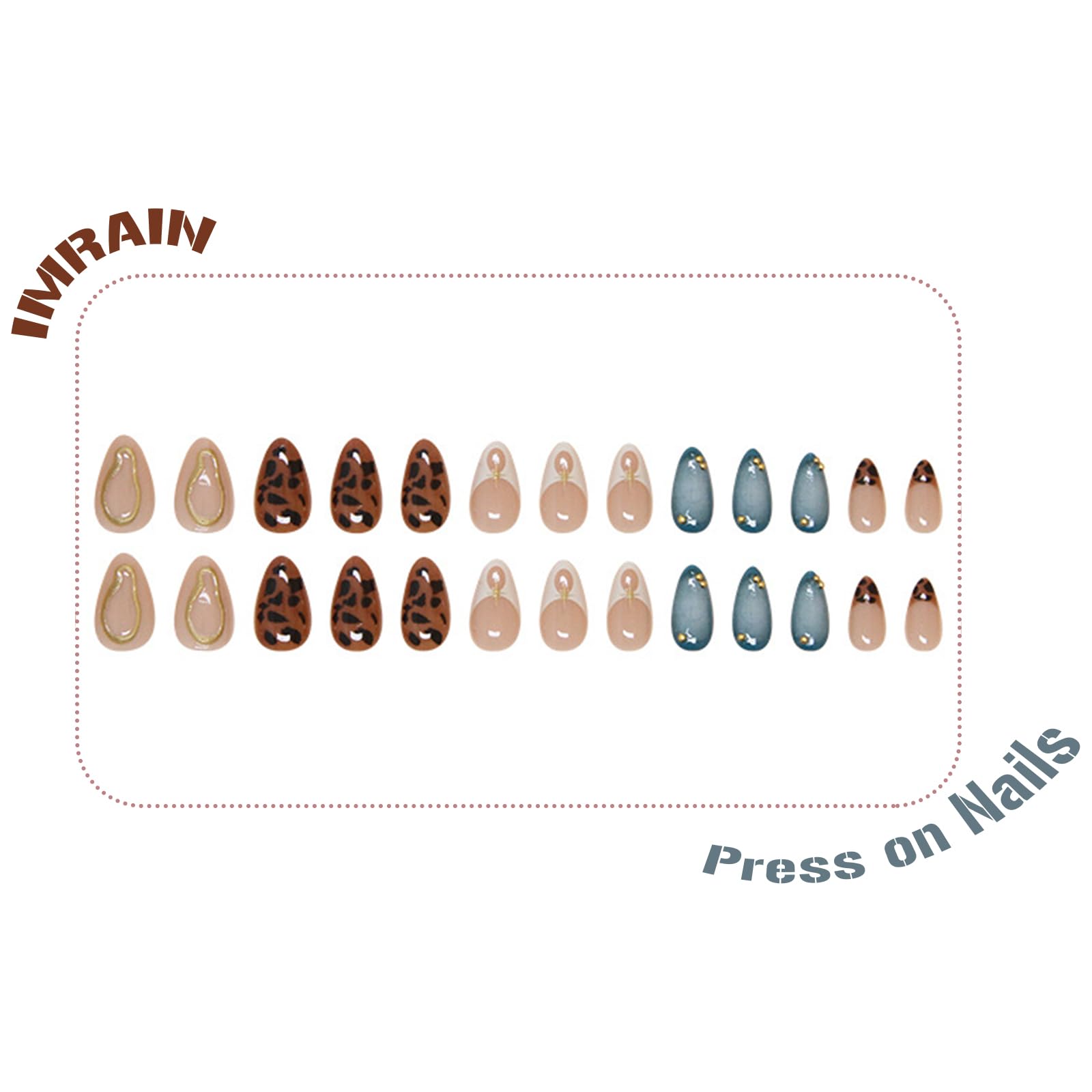IMRAIN Press on Nails Medium Almond Fake Nails Brown Leopard Print & Blue Ombre False Nails Glossy Glue on Nails Full Cover French Tip Stick on Nails Artificial Finger Manicure for Women Girls - Image 3