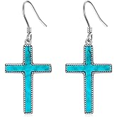 BETHZA Turquoise Cross Earrings 925 Sterling Silver Genuine Blue Turquoise Dangle Drop Earring Western Bohemian Jewelry Gift for Women