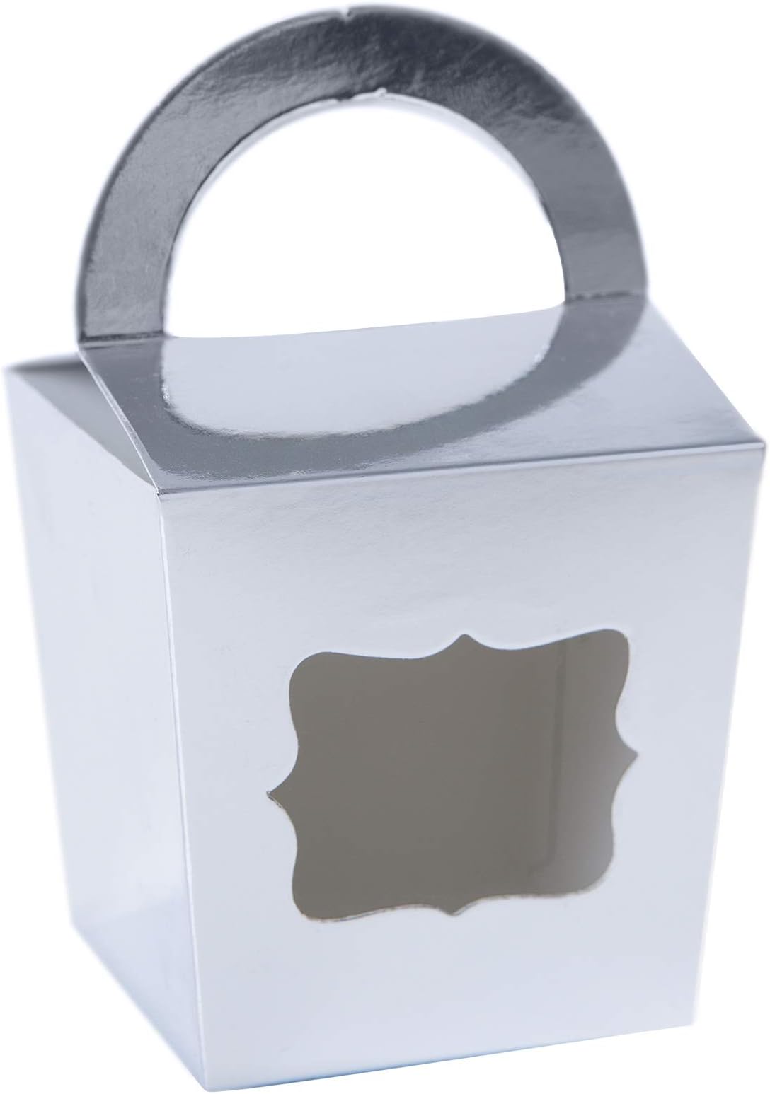 [24pcs] ONE MORE Single Small Mini Cupcake Boxes Individual Containers With Handle and PVC Window,Disposable Kraft Paper Cupcake Holders (Silver,24)