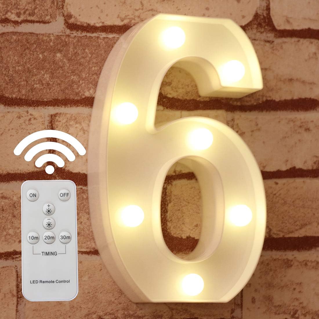 Pooqla LED Marquee Letter Lights Number Light Up Arabic Numerals Sign with Wireless Timer Remote Control Dimmable for Wedding Home Party Bar Decoration - RC - 6