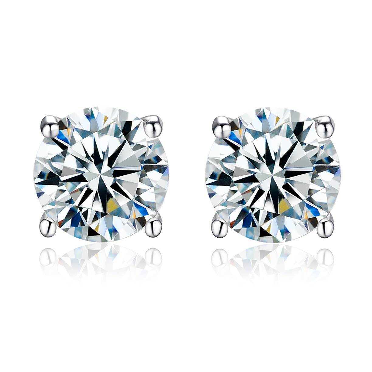 18K White Gold Plated Classic Solitaire Stud Earring 925 Sterling Silver Earrings – 5A Premium Simulated Diamond Stones, Hypoallergenic Silver Earrings, Luxury Gift for Her (Round 4-Prong)