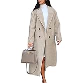 Flygo Womens Long Pea Coat Notch Lapel Double Breasted Trench Coat Fall Winter Overcoat Long Jacket
