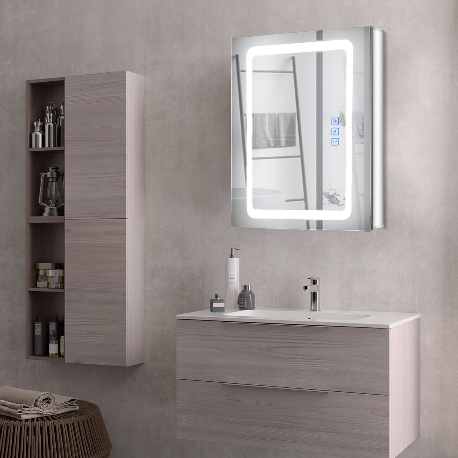 Fundin Lighted Medicine Cabinet with LED Light, Defogger, Dimmer, Outlet and USB Charger, Recessed or Surface Mount, Aluminum Material,20W x 25.6H inch