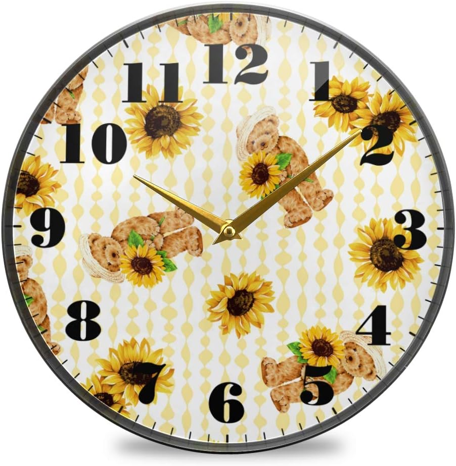 Joysay Wall Clock Battery Operated Non Ticking - Cute Bear Holding Sunflowers Wall Clock Silent for Living Room Decor Office Bedroom Clock