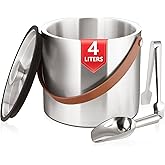 Bakpoco 4L Ice Bucket with Lid, Scoop,Tongs & Strainer, Stainless Steel Double Wall Insulated Ice Buckets for Parties & Cocktail Bar, Large Outdoor Champagne Ice Container, Light Brown Handle
