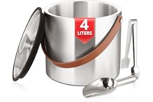 Bakpoco 4L Ice Bucket with Lid, Scoop,Tongs & Strainer, Stainless Steel Double Wall Insulated Ice Buckets for Parties & Cockt
