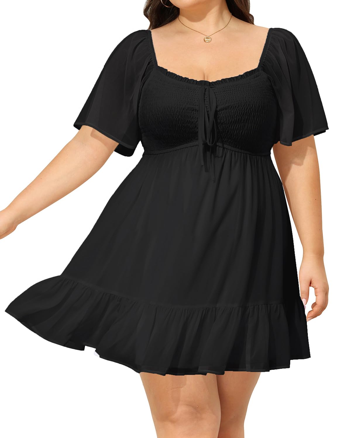 Photo 1 of Talisea Plus Size Women Black Summer Dress Short Sleeve Smocked Sweetheart Neckline Cute Graduation Chiffon Mini Dresses