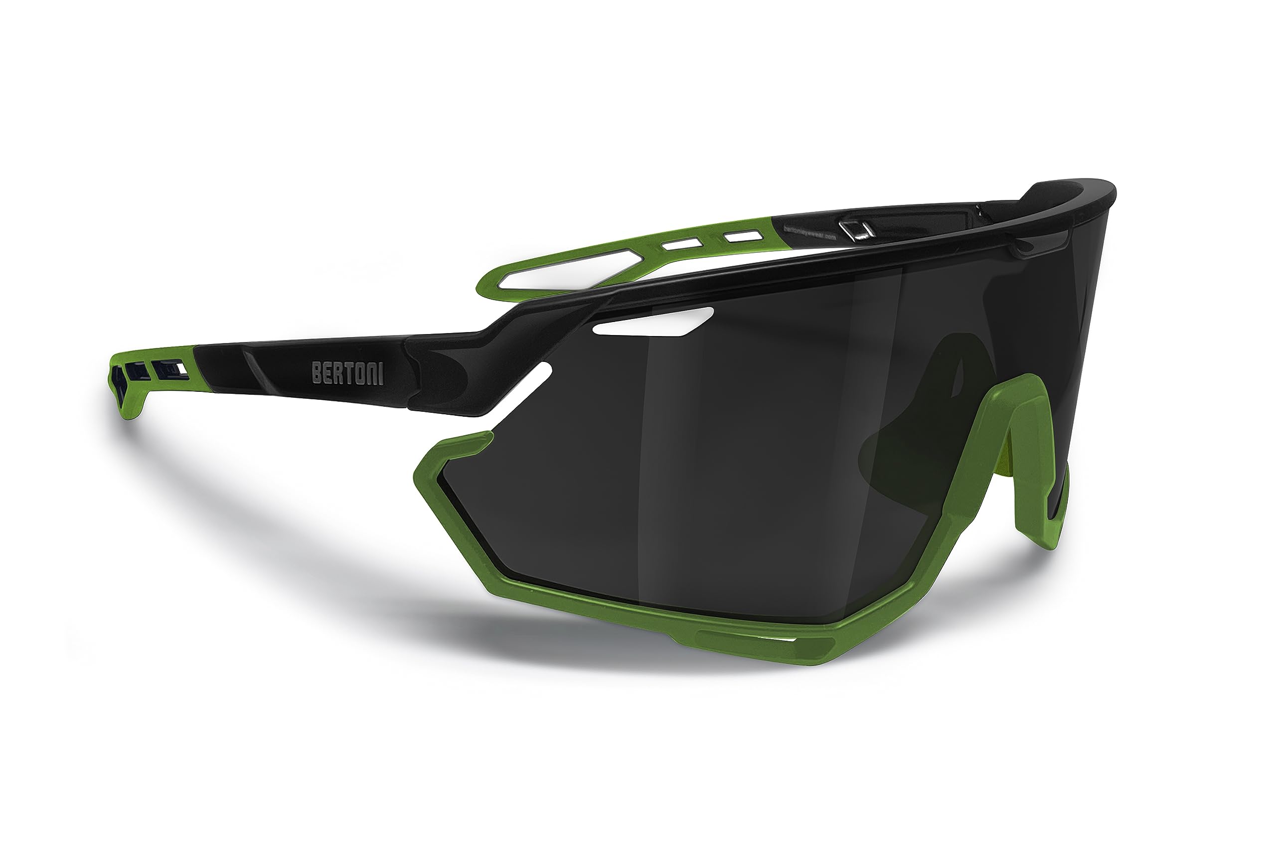 BERTONI Sport Cycling MTB Running Sunglasses for Men Women in TR90 100% UV Block mod. ALPHA (Shiny Black/Matt Green – Silver Mirror Lens)