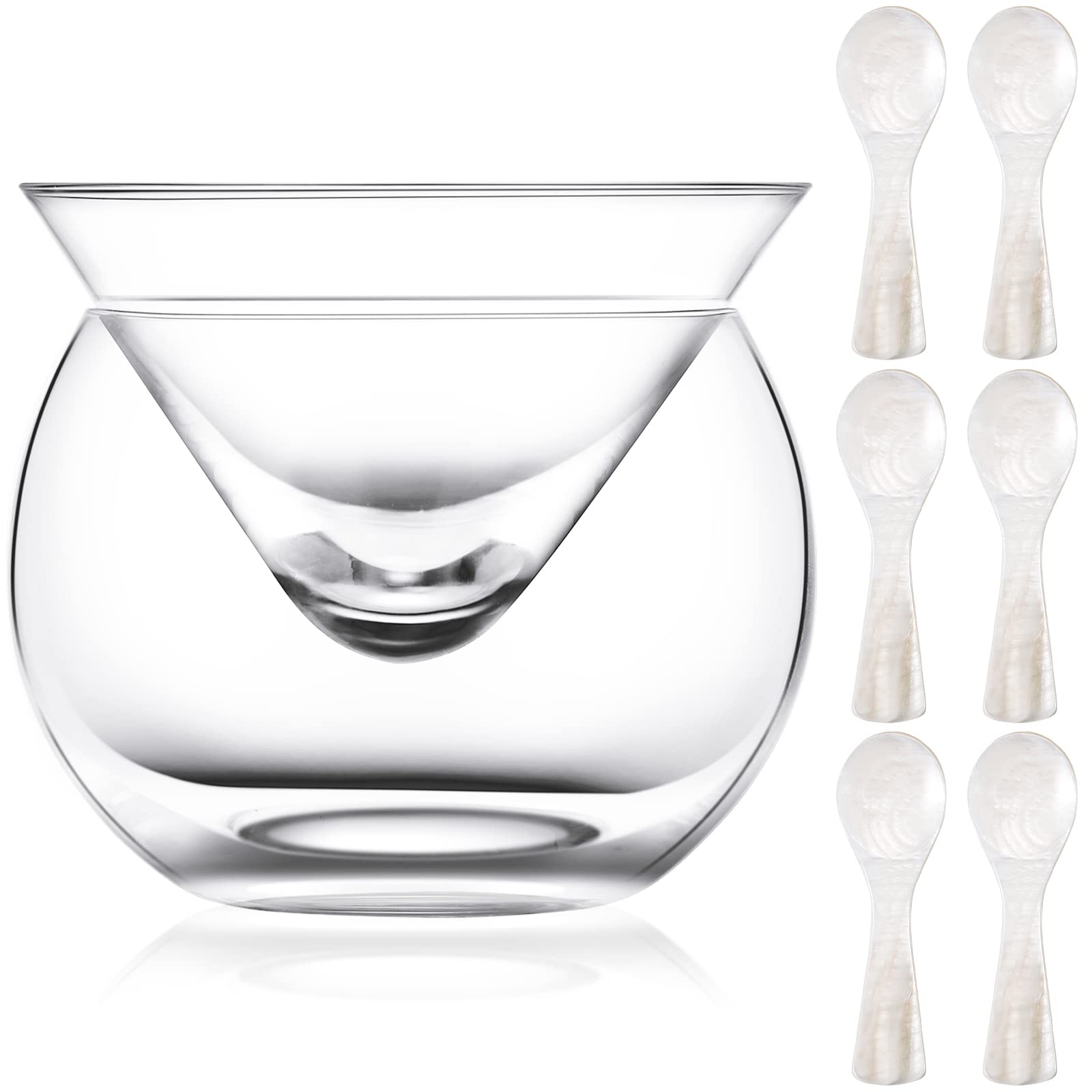 Photo 1 of Sabary Glass Caviar Chiller Server Set Plus 6 Pcs 3.2 Inch Mother of Pearl Round Handle Spoons Caviar Serving Set Universal Martini, Wine, Liquor Cocktail Ice Cream Chiller Dishwasher Safe