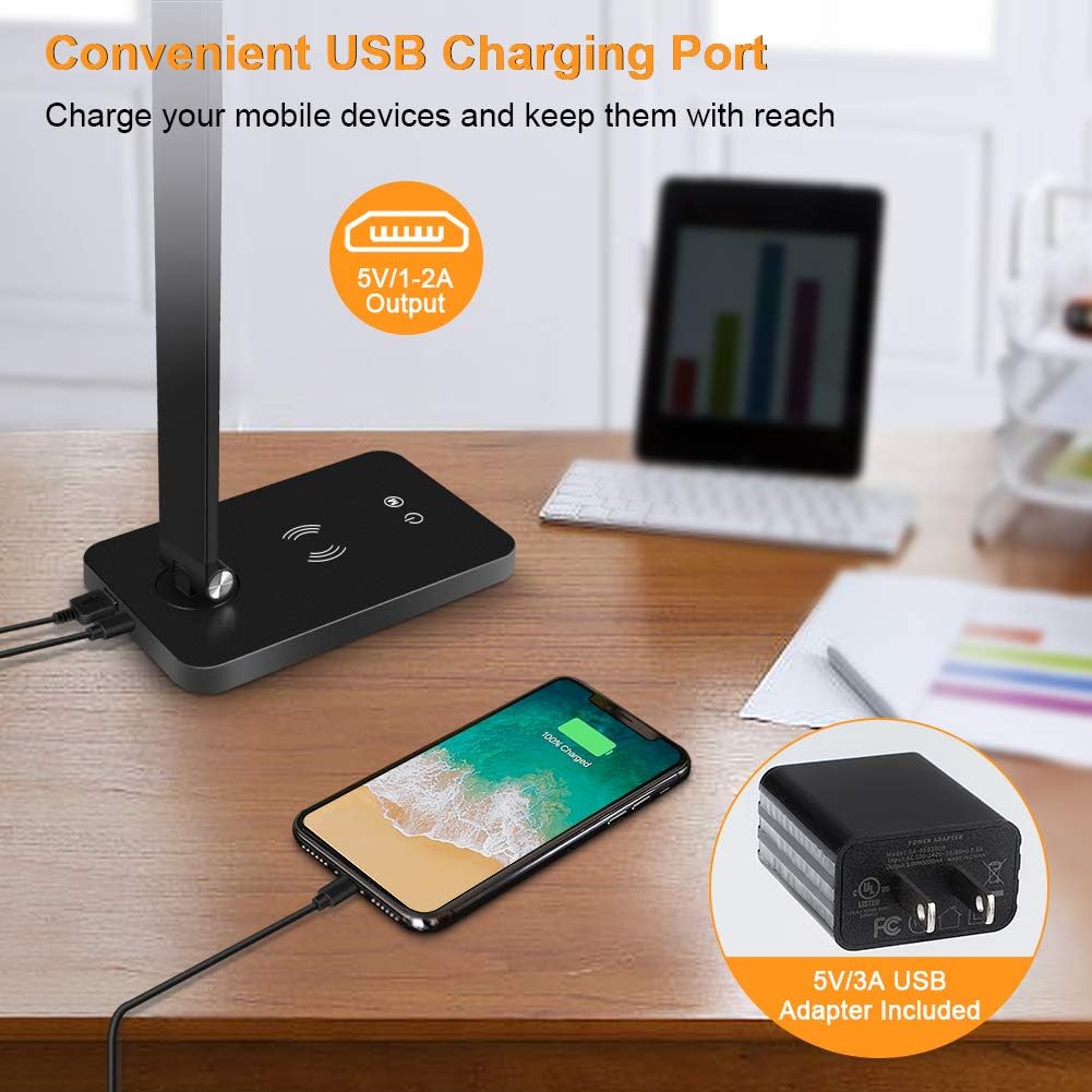 LED Desk Lamp, Desk lamp with Wireless Charger, USB Charging Port, Eye-Caring Desk Lamps for Home Office, 5 Lighting Modes and 3 Brightness Levels, Touch Table Lamp for Study, Work, Reading Light - - 