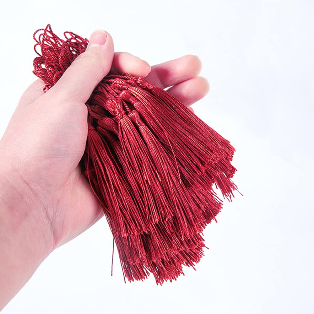 Pack of 50 Handmade Silky Mini Tassels, Colourful Tassels Bookmarks, Straight Tassels Pendant with Rope Loop for Jewellery Making, DIY Craft Accessories, Bags, Bookmarks, Souvenirs, Wine Red