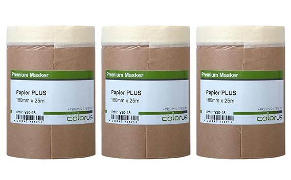 3 x Colorus Malerkrepp Papiermasker PLUS | Abdeckpapier mit Klebeband 18 cm x 25 m Masker Tape | Feinkrepp mit Malerabdeckpap