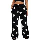 Argeousgor Women Y2k Heart Flannel Pajama Pants Fuzzy Wide Leg Drawstring Waist Lounge Bottoms Valentine's Day Sleepwear
