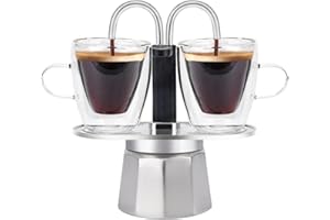 MVPLUE-Mini Express Double Tube Moka Pot Aluminum Silver,Share fresh delicious coffee with a friend