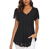 VALOLIA Womens Tops Short Sleeve Shirts Casual V Neck Blouse Double Layers Mesh Tunics Tops