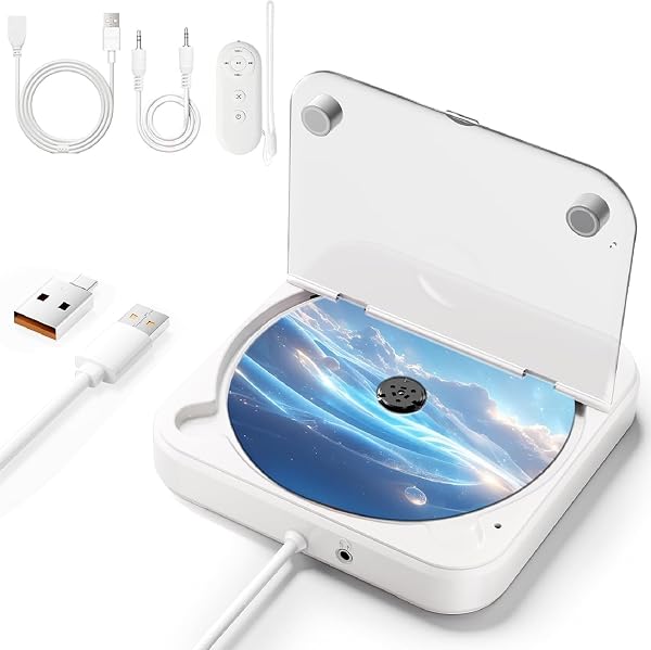 PORTABLE CD PLAYER FOR CAR WITH USB & AUX – UNIVERSAL EXTERNAL CD DRIVE WITH ANTI-SKIP, USB EXTENSION CABLE, PLUG & PLAY FOR VEHICLE, LAPTOP, TV – COMPATIBLE WITH ANDROID 4.4+
