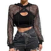 SIQITECHNO Womens Mesh Fishnet Long Sleeve Hoodie Drawstring Pullover Crop Top Hoodie Hollow Out Long Sleeve Pullover Crop Top Sweatshirt Black