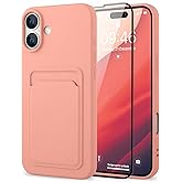 MZELQ Compatible with iPhone 16 Case TPU Card Holder Wallet Cover,Camera Protection + Screen Protector Soft Card Slot Phone Case -Pink