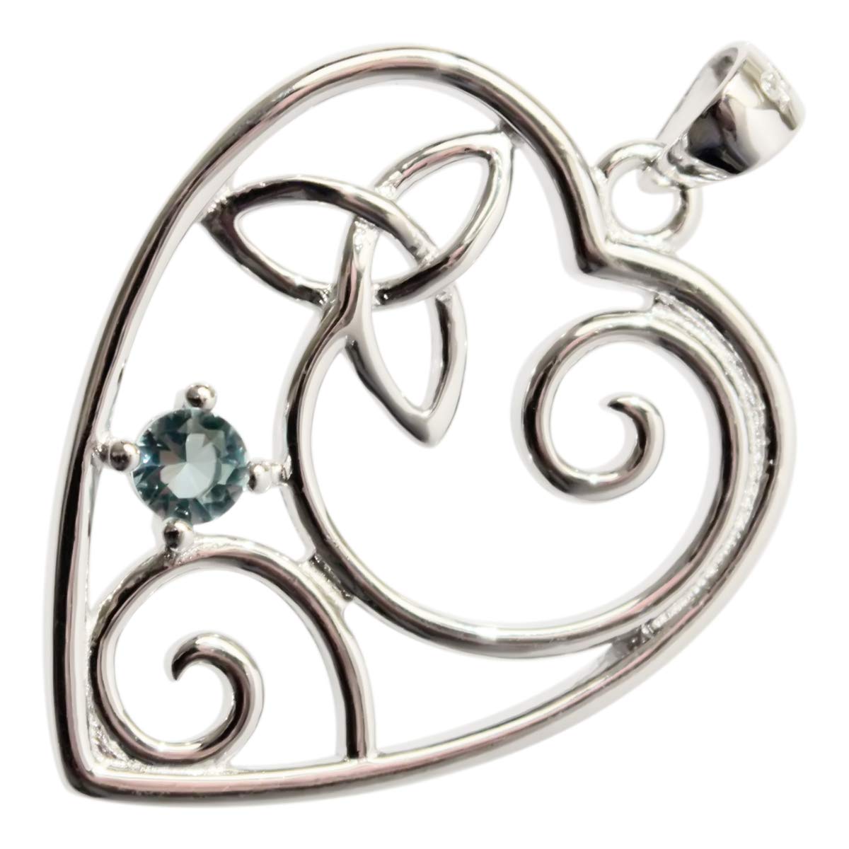 GWG Jewellery 925 Sterling Silver Filigree Heart with Celtic Trinity Knot and Round Aquamarine Blue Green Stone Pendant Necklace in Gift Box for Women