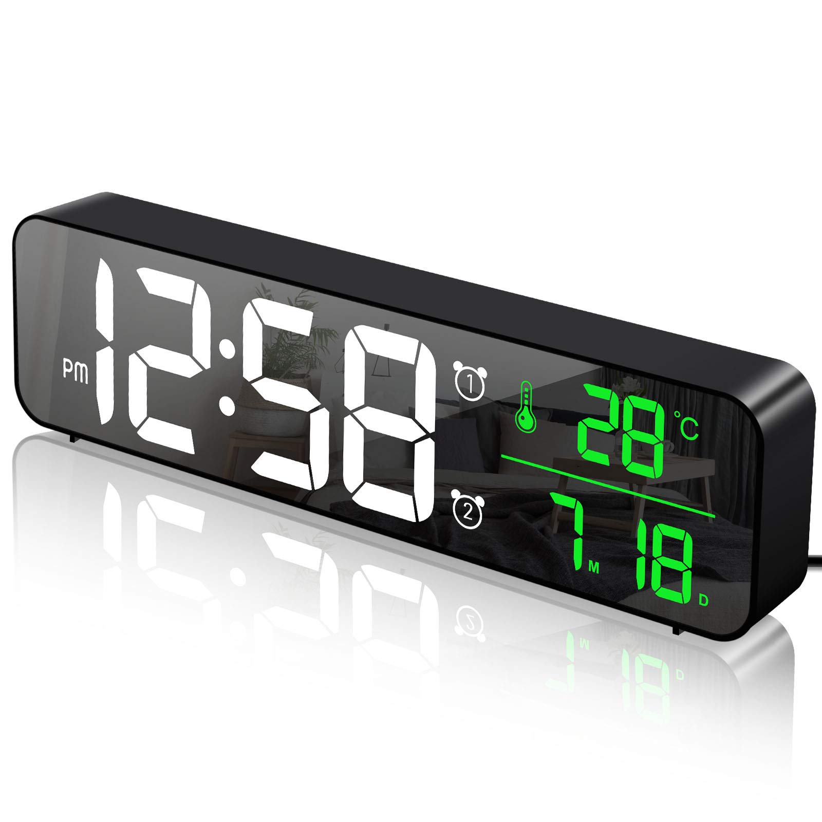 MOSUO Digital Alarm Clock Bedside Mains Powered, Bedside Clock with Big LED Temperature & Date Calendar Display, Mirror Digital Wall Clock with 40 Music, Snooze, 6 Brightness Dimmer, 4 Volume, Black