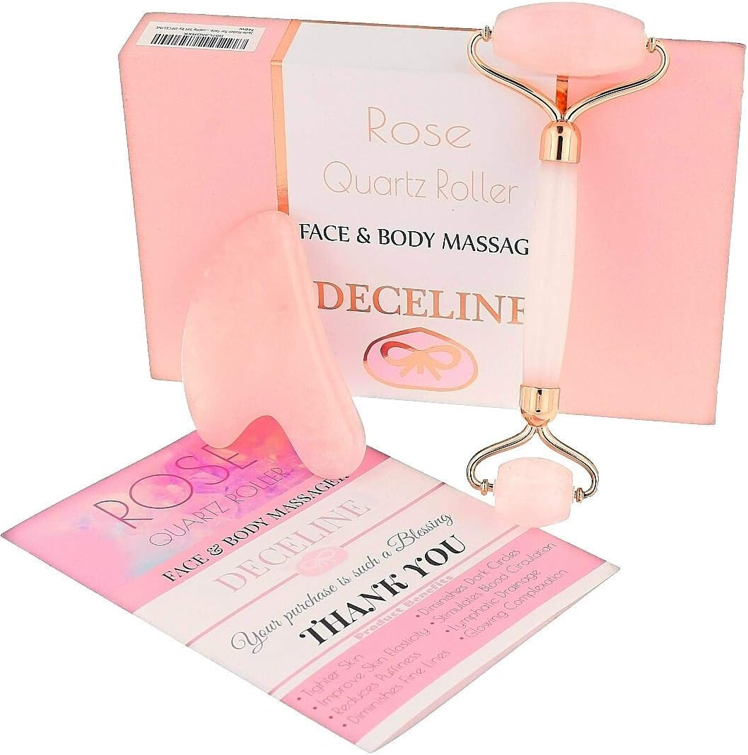 Rose Quartz Roller For Face Set 2 in 1 ROSE Quartz Roller Combinated White Jade And Gua Sha Supreme Quality Set Jade Facial Roller Anti Aging Eye Puffiness Tools 💎 100% Real Natural Stone by DECELINE