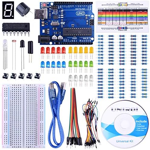 UNIROI UNO Starter Kit for Arduino with Free Tutorials, Arduino UNO R3 Board, Breadboard, 1 Digit 7-Segment Display, Resistance Card, 65 Jumper Wire and Buzzer (147 Items with case) UA002 (Basic Ardui