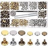 Leather Rivets Double Cap Rivet Tubular Metal Studs 2 Sizes with 3 Fixing Tool Kit for Leather Craft Repairs Decoration (Gold, Silver and Bronze,180 Set)
