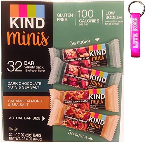 Kind mini's 32 bar variety pack. Dark Chocolate Nuts &amp; Sea Salt, Caramel Almond &amp; Sea Salt. 16 of each flavor, 0.7 oz bars &amp; Pink Bottle Opener