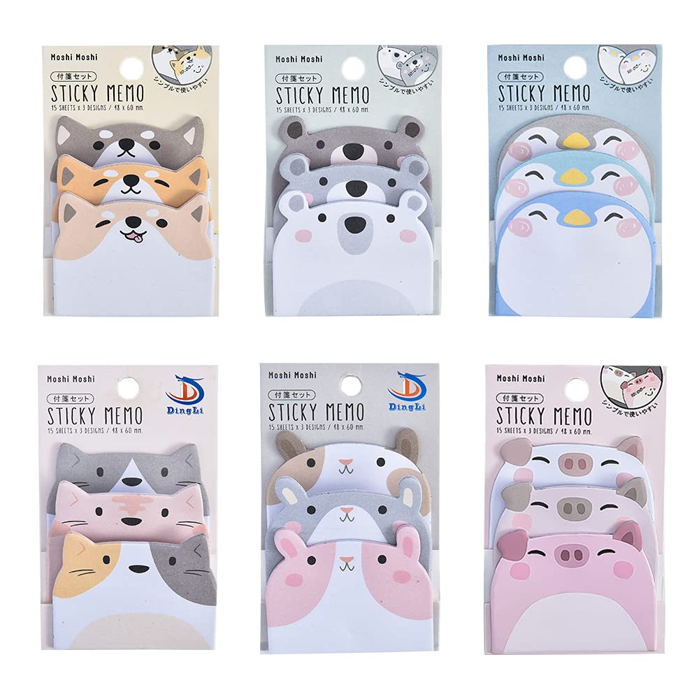 6 Pads 270 Sheets Sticky Notes, Cartoon Sticky Notes, Self-Stick Removable Sticky Notes, Cute Animals Sticky Notes, Multipurpose Sticky Notes, 6 Specifications, Memo for Home School Office