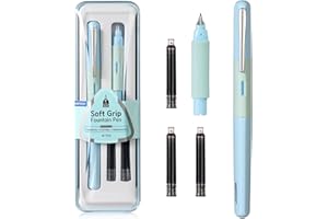 WRITECH Soft Grip Fountain Pen: Black Ink Fine Nib Pen with 1 Replacement Nib Set and 3 Ink Cartridges Smooth Writing for Calligraphy Journaling Gift (Blue)