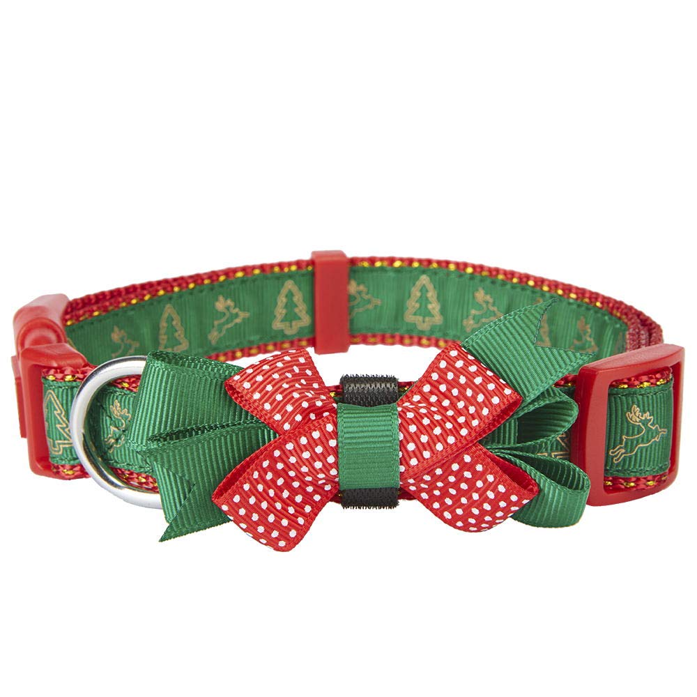 YUDOTE Christmas Dog Collar Large with Festive Gold Thread,Christmas Tree,Reindeer Print and Removeable Bow-tie for Big Dogs Neck 40-66cm