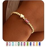 Turandoss Birthstone Bracelets for Women - Dainty 14K Gold Plated Elastic Beaded Green Emerald Birthstone Heart Bracelets Friendship Birthday Jewelry Gifts for Women Girls Trendy