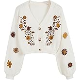 BEAUDRM Women's Floral Boho Cardigan Sweater Cottagecore Cropped Cardigan Western Embroidery Button Down Sweates Knit Top