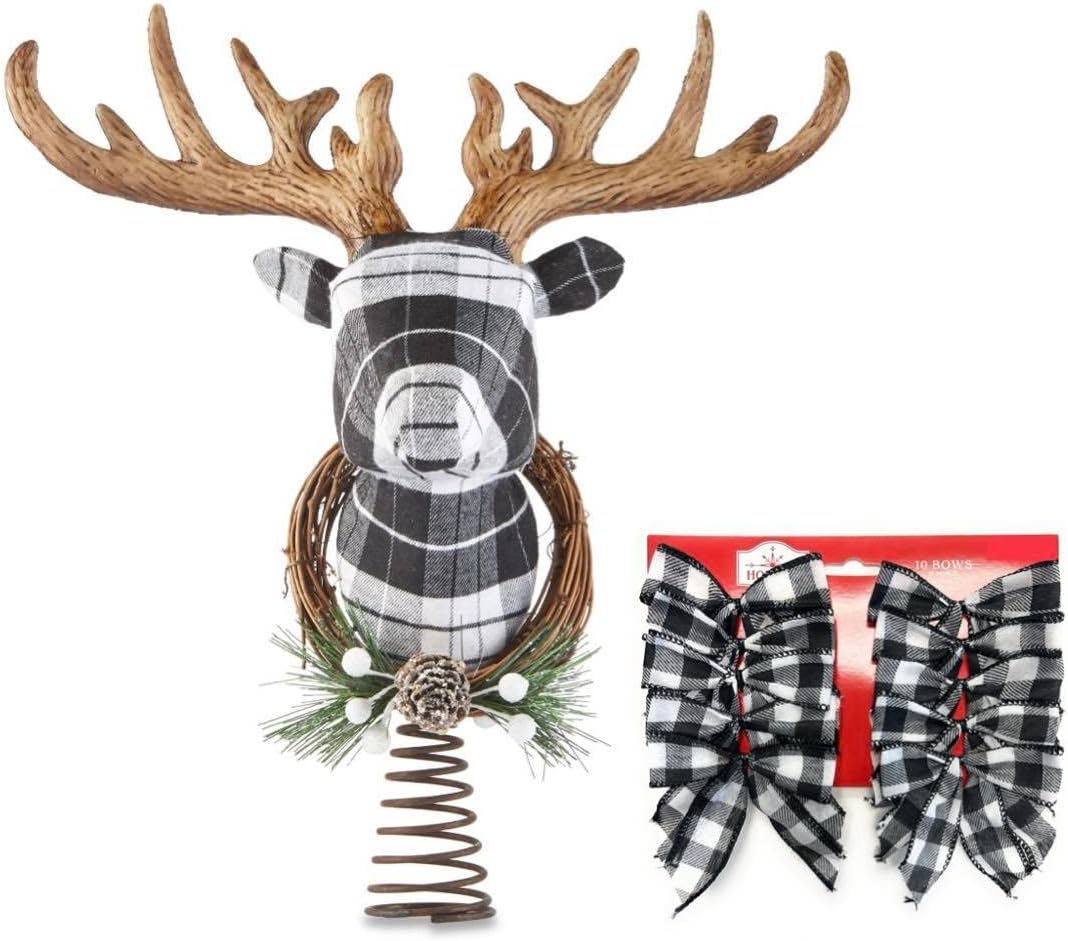 Tree Toppers - Reindeer Deer Head Antler Fabric Christmas Tree Topper Country Plaid Black and White Check with Pine Wreath Collar and 10 Matching Ribbon Bows