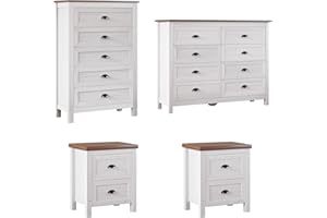 SINROM 4-Piece Farmhouse Bedroom Dresser Set, 8 Drawer Double Dresser & 5 Drawers Tall Dressers & 2 Nightstands with 2 Drawers