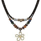 MINACHI Layered Boho Wood Bead Choker Necklace, Hollow Flower Charm, Personality Jewelry for Men and Women
