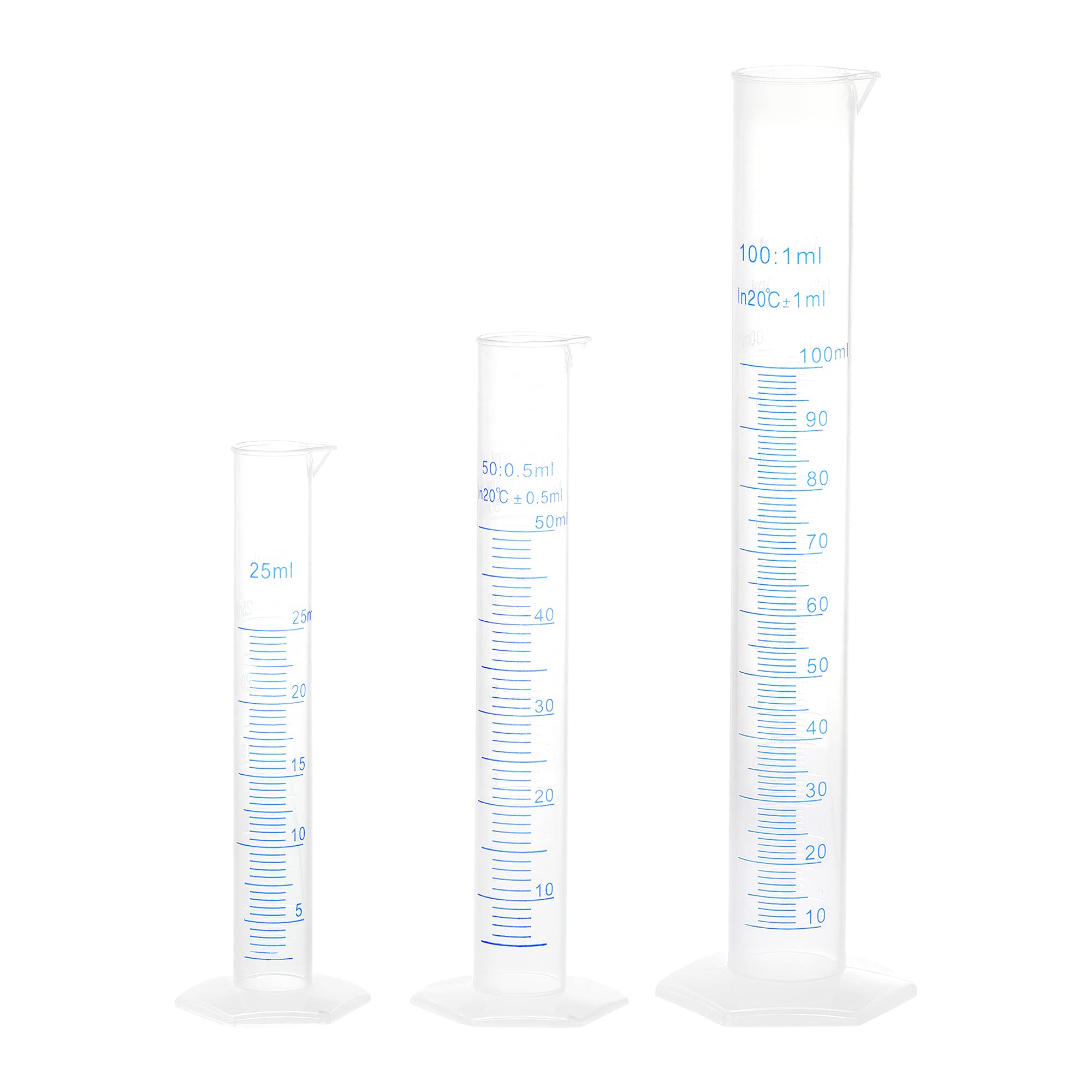sourcing map Plastic Graduated Cylinder, 25ml 50ml 100ml Measuring Cylinder, Double-Sided Metric Marking, Clear Hex Base, 3 in 1 Set