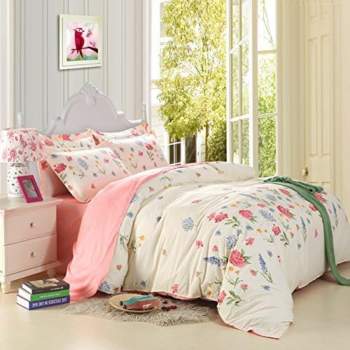 CocoQueen Floral Print 4pcs Duvet Cover Set Light Pink Full Size Microfiber Beautiful Girl Lady